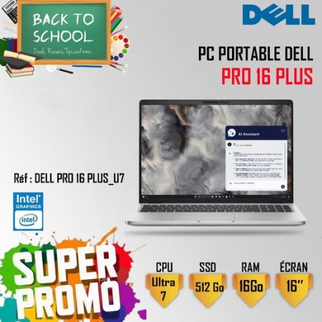 Pc Portable Dell Pro 16 Plus Ultra 7 13Gén 16Go 512Go SSD Windows 11 Pro