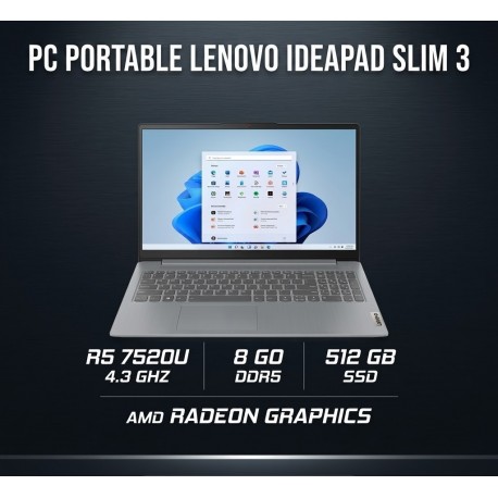 PC Portable Lenovo IdeaPad Slim 3 15AMN8 / Ryzen 5 7520U / 8 Go / 512 Go SSD
